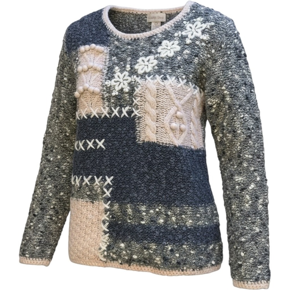 Patchwork Sweater Blue Cream Embroidered Floral Women's SM Cottage core Country